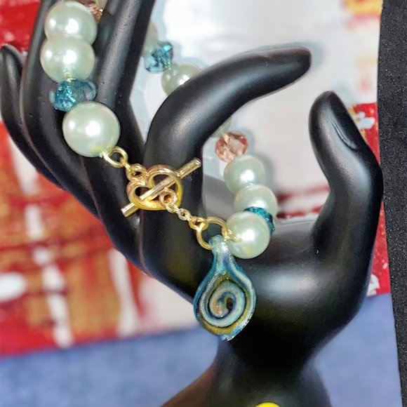 Unique Aquamarine stone dangle earring & Bracelet set - Blown glass dangle - - Picture 5 of 5